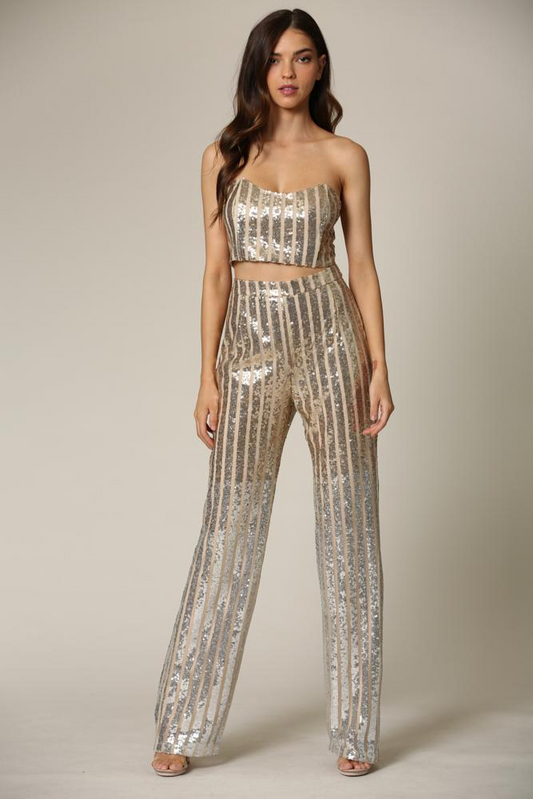Emmly - A sequin top + pant set featuring striped gold