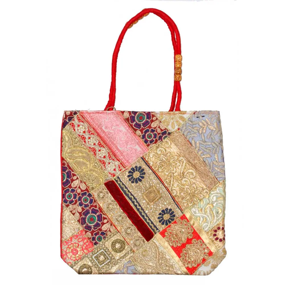 Banarasi Raw Silk Patchwork Sequin Zardozi Embroidery Lace Tote Bag